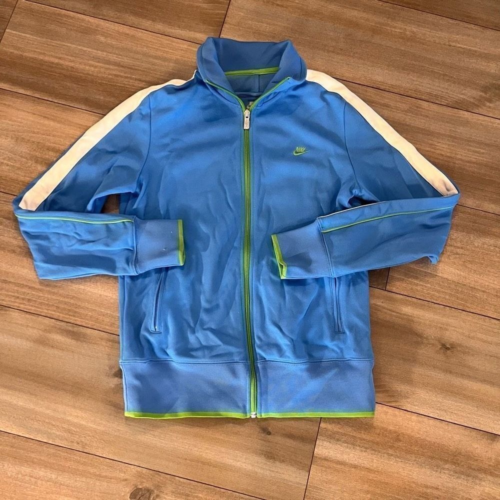Nike Sportswear Women Track Jacket Blue Lime Green White Stripe Full Zip Large